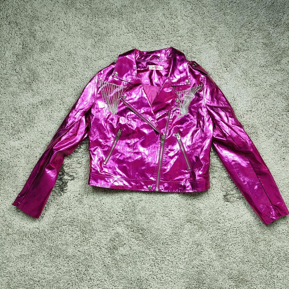 Buddy Love Jacket Womens Large Pink Metallic Rhinestone Fringe Biker Moto